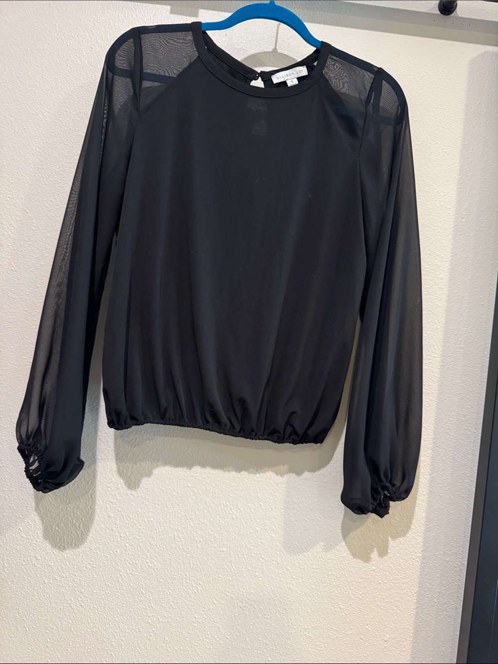 Allison Joy Black Sheer-Sleeve Elastic Hem Blouse